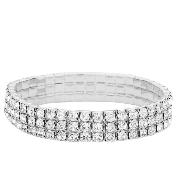 Rhinestone‎ Stretch Bracelet Clear/Silver 3-Row - Picture 1 of 7